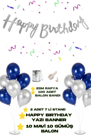 Baloncu Nene Happy Birthday Text Banner 2 Pieces of 7 Balloon Stand 10 Pieces of Silver 10 Pieces of Blue Balloon Birthday Ornament