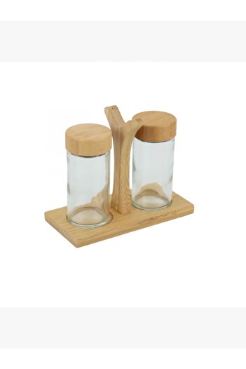 rexa 2-Piece Grey Glass Spice Jar Set with Gold Frame and Black Plastic Stand - 2SS29-217