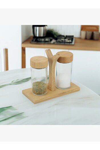 rexa 2-Piece Grey Glass Spice Jar Set with Gold Frame and Black Plastic Stand - 2SS29-217