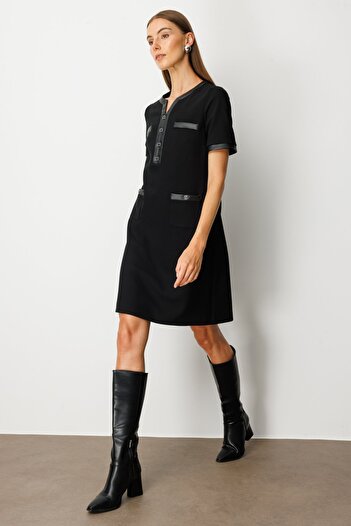 Ekol Leather Detailed Midi Dress