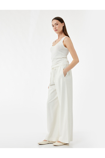 Koton Linen Blend Lined Pockets Tie Waist Straight Wide Leg Trousers