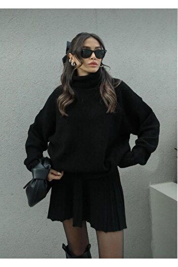 NZL TEKSTİL Dgn's 2-Piece Pleated Skirt - High-Necked Sweater Women's Knitwear Skirt Bottom Top Set