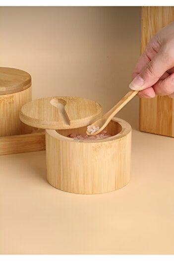 EVİMDM 360 °   Bamboo Spice Rack and Spoon Set with Rotating Lid – 270 ml