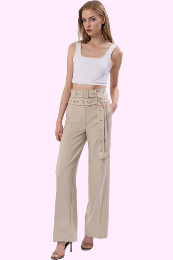 PayBuy Women's Fashion High Waist Wide Leg Woven Pants Stylish Design with Double Belt for Summer