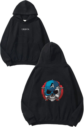 urbvn Captain America Design Printed Oversize Black Hooded Sweatshirt