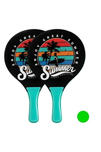 OEM Set 2 Wooden Beach Rackets, Summer Design, Black-Turquoise with Ball Included