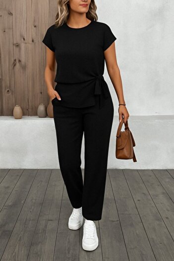 Viyamo Women's Short Sleeve Crew Neck Side Tie Wrinkle Blouse and Trousers Double Suit