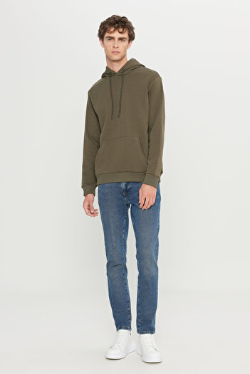 AC&Co / Altınyıldız Classics Men's Khaki Standard Fit Normal Cut Fleece 3 Thread Hooded Kangaroo Pocket Cotton Sweatshirt