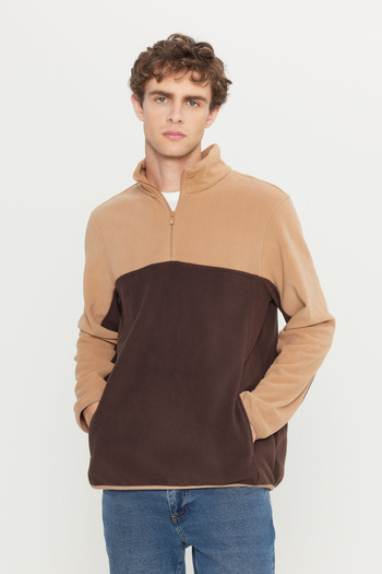 AC&Co / Altınyıldız Classics Αθλητικό φούτερ ανδρικό Milk Coffee-καφέ Standard Fit Normal Cut Καθημερινό Άνετο Διπλό Χρώμα Fleece Αθλητικό Φούτερ