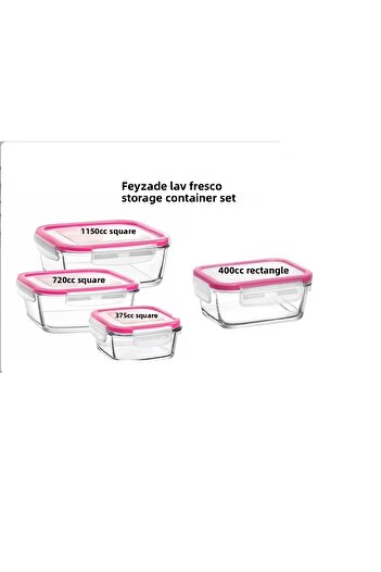 LAV Feyzade Fresco Locked Glass Storage Container Set Pink Lid 4 Pieces (1150Cc-720Cc-400Cc-375Cc)