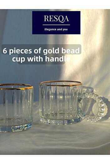 Resqa 6 Pieces Glass Beads with Handle Real Gold Gilded Tumbler Tea Coffee Soft Drink Cup 250 ml