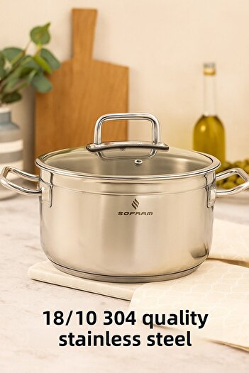 Sofram Yeşiltan Sofram Atlas Series 22 cm Deep Pot – 4 Liters, 18/10 Stainless Steel, Glass Lid