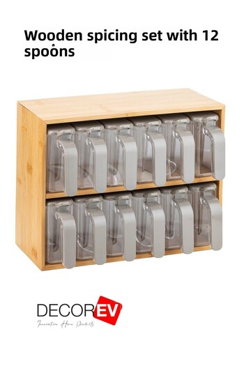decorev 12-Piece Spice Rack Set with Bamboo Stand - Practical Storage Container with Spoon 25 Pieces