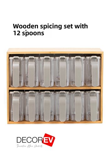 decorev 12-Piece Spice Rack Set with Bamboo Stand - Practical Storage Container with Spoon 25 Pieces