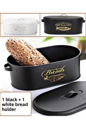 Bayev Black and White 2-Piece Bread Bowl Set Large Size Metal Decorative Bread Storage Box with Lid