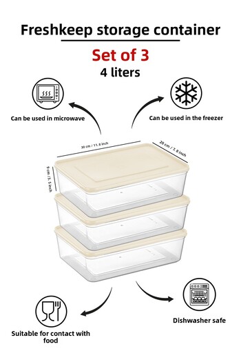bizimevde 3-Piece Storage Container 4 Liter Deep Freezer Microwave Compatible