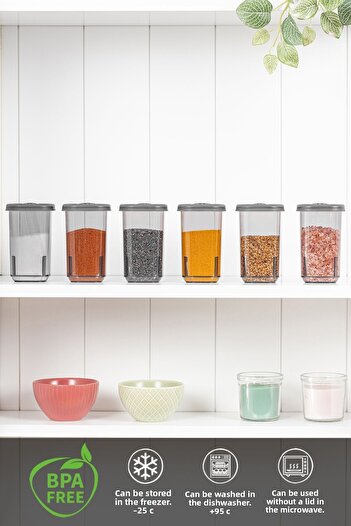 Meleni Home Set of 6 Spice Jars with Lockable Anti-Air Lids - Gray