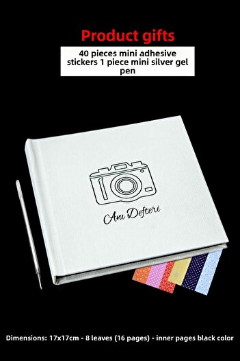 Pufi Memory Book - 17X17 cm - Black in White Memory Album - Pen and Tag Gift