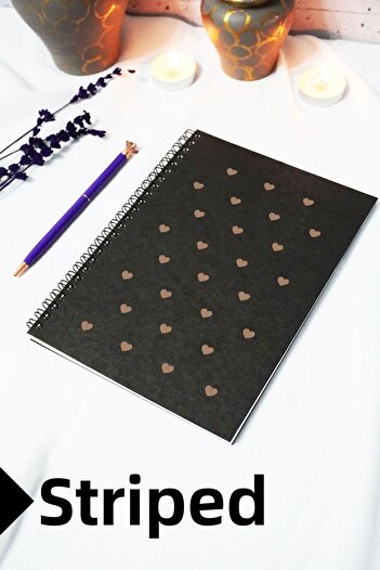 markcat A5 Heart Themed Black Kraft Cover Notebook - Lined Notebook - 60 Sheets (120 Pages) 15X21 cm