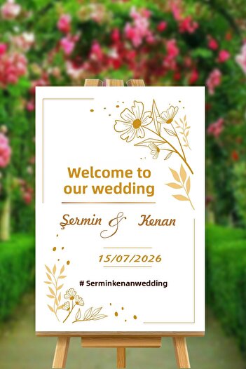 Yogi Tasarım Gold Flower Themed Welcome Board for Our Wedding