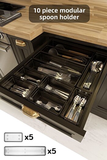 Meleni Home Set modular de 10 - Organizator antracit pentru tacâmuri și cuțite