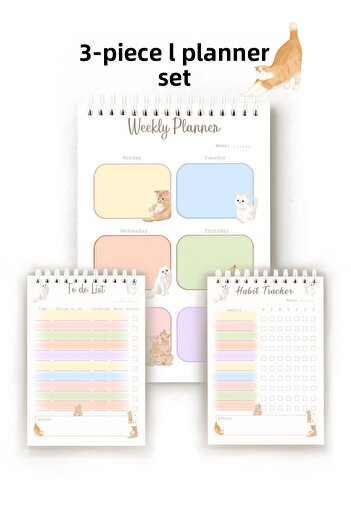 Handeto Kraft Cat Themed 3-Piece English Planner, Weekly Planner, Habit Tracker, To-Do List, Planner