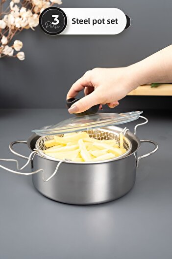 Homekolik Plchf 3 Piece Steel Frying Pot 20 cm – Stainless Deep Pot with Oil Strainer, Glass Lid