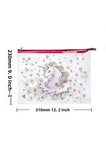 VUKİ Unicorn glitter and water zippered transparent a4 file