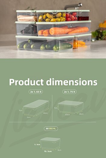 Vienev 10-Piece Refrigerator Freezer Organizer and Storage Container Mint 6X(350ml) 2X(1.65Lt) 2X(1.75Lt)