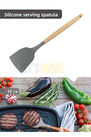 Jet's Home 32 cm Silicone Serving Spatula - Kitchen Spoon, Cake Spatula, Wooden Handle