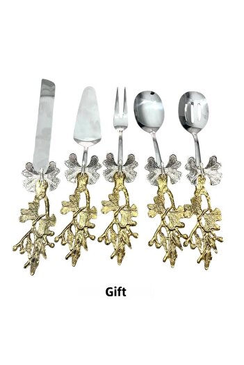 Aslı Hediyelik 5-Piece Silver Serving Presentation - Butterfly Pattern Salad, Pasta, Pastry, Food Tongs 18/10 Stainless Steel