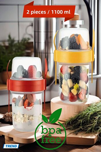 Open Home Concept 2 Pcs Yogurt Muesli Salad Fruit Storage Container with Lid with Fork & Spoon for Diet & Breakfast - 1100ml