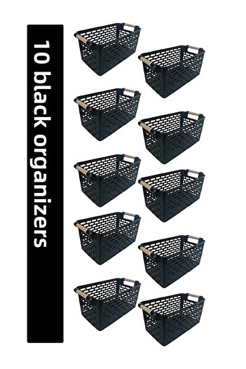 KRM HOME 10 Pieces Multi-Purpose Organizer Basket with Plastic Handles - Closet & Drawer Organizer Basket - Black
