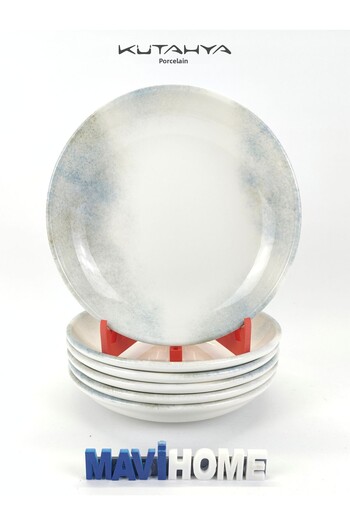 Kütahya Porselen Blue Patterned Thick Porcelain 21 cm Pit Daily Dinner Plate 6 Pieces