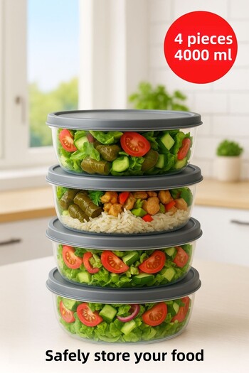 Open Home Concept 4 Pieces Round Storage Container Set with Lid - Bowl Microwave & Freezer Compatible 4 Lt Transparent