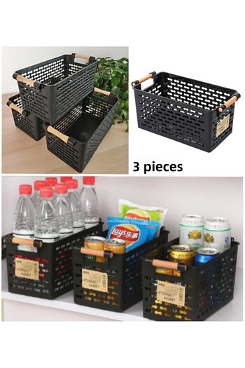 Bayev 3 Pieces Black Wooden Color Plastic Handle Organizer Basket Bread Bowl Vegetable Fruit Basket