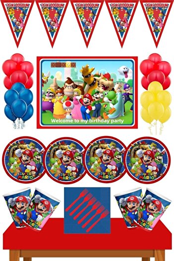 Parti Furyası Super Mario Birthday Concept Banner 24 Person Super Mario Birthday Set