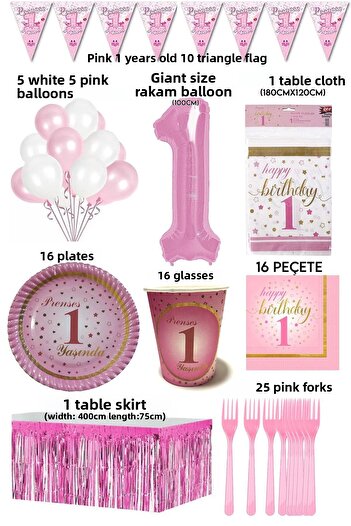Parti dolabı 1 Year Old Girl Birthday Party Set for 16 People with Pink Numbers and White Balloons (plates, glasses, napkins etc.)