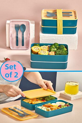 Bayev Green 2-Tier Lunch Box - 1003 Compartment Lunch Box with Fork and Spoon