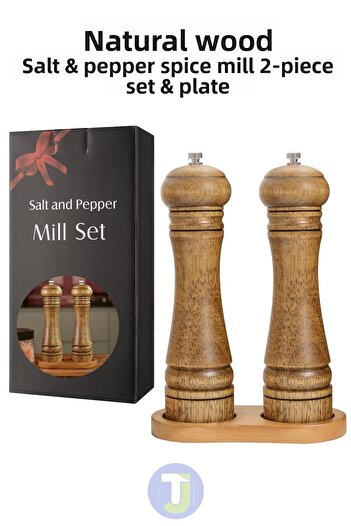 Technojet Set of 2 22 cm Plate Natural Wooden Black Pepper Salt Coffee Spice Grinder Mill Salt Pepper Shakers