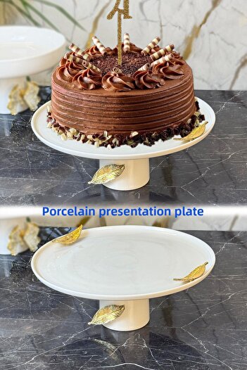 MAY HOME Porcelain Leaf Detailed Footed Presentation Plate & Cake Pastry Food Presentation