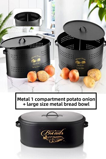 Bayev Black 2-Piece Metal Kitchen Set - Metal Potato Stove with Metal Bread Basket Compartments 6 Lt