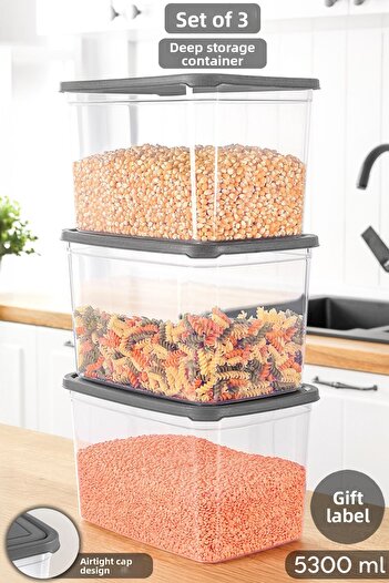Meleni Home 3 Deep Food Storage Containers with Labels - Pulses Flour Container Large Size Food Box 5300 ml Transparent