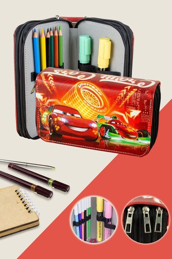 OneSize Lightning Mcqueen Themed Vegan Leather Three Compartment Pencil Case (Pencil Holder)