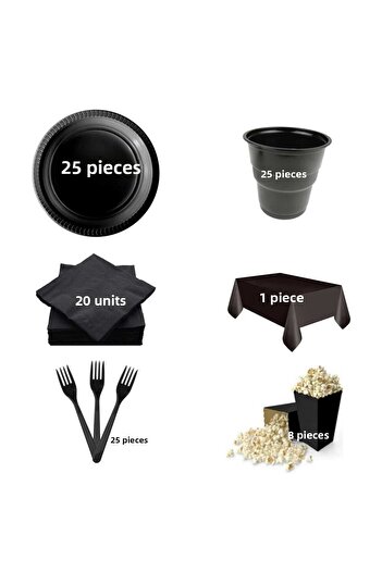 asöy Birthday Disposable Black Plate Cup Cup Cutlery Napkin Corn Box Tablecloth Set Disposable