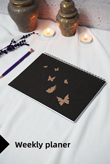 markcat A5 Butterfly Pattern Black Kraft Cover Notebook - Weekly Planner - 52 Sheets 15X21 cm