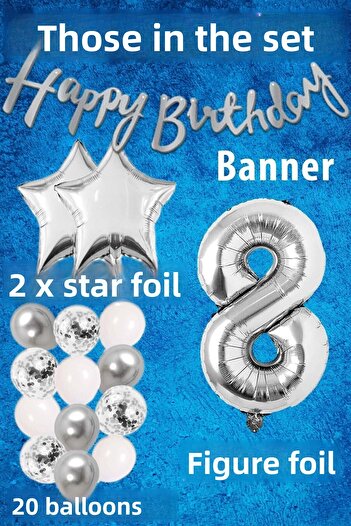 Ezgi Party Store مجموعة احتفالات عيد الميلاد المكونة من 8 سنوات من Silver Concept باللون الأبيض الفضي مع رقائق على شكل نجمة وبانوراما