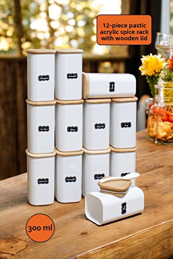 Reyok Home Set of 12 Wooden Lid 300 ml White Spoon Mica Spice Storage Container Set Vacuum Leak Proof Lid