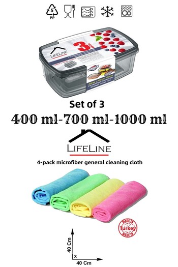 Life Line 3-Piece Storage Container Set 400ml 700ml 1000ml 4-Piece Kitchen Cloth Microfiber General Cleaning Cloth 40x40 Cm