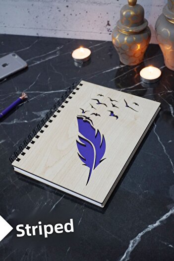 markcat Wooden Covered Lined Notebook - Bird Feather Themed Agenda and School Notebook (A5 - 120 Pages)